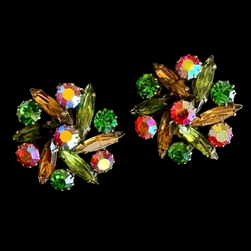 Vintage Mid-Century Multicolor Rhinestone Clip On Earrings